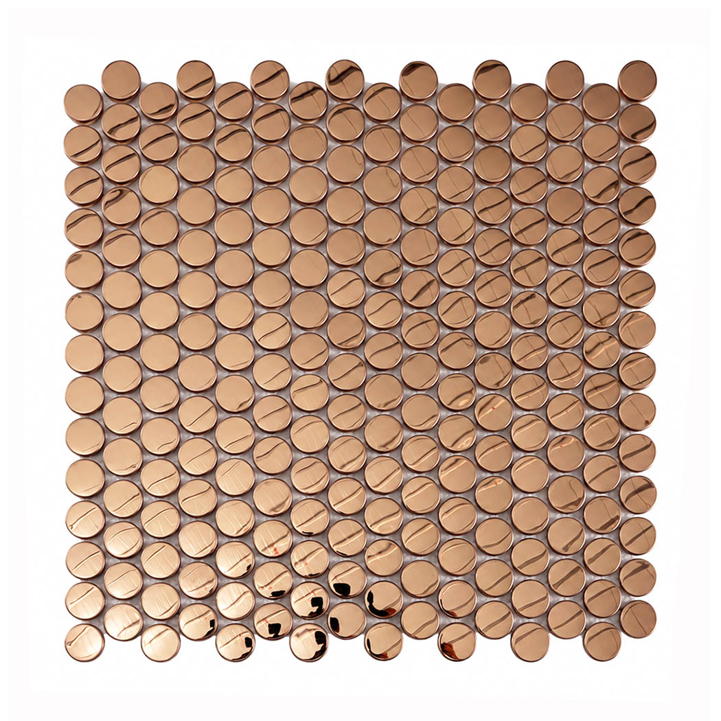 Front view of rose gold mirror penny round metal mosaic tile