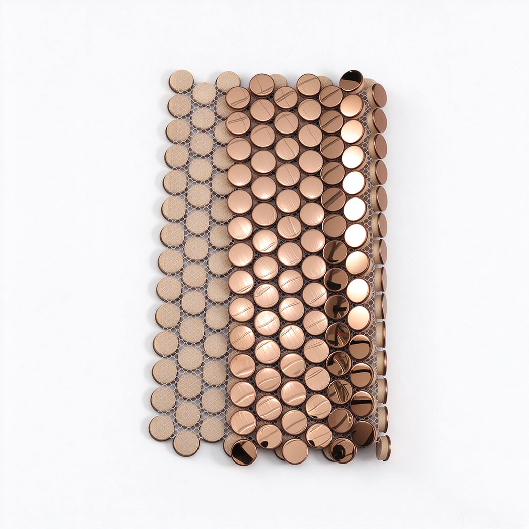 Rose gold mirror penny round metal mosaic tile with mesh backing