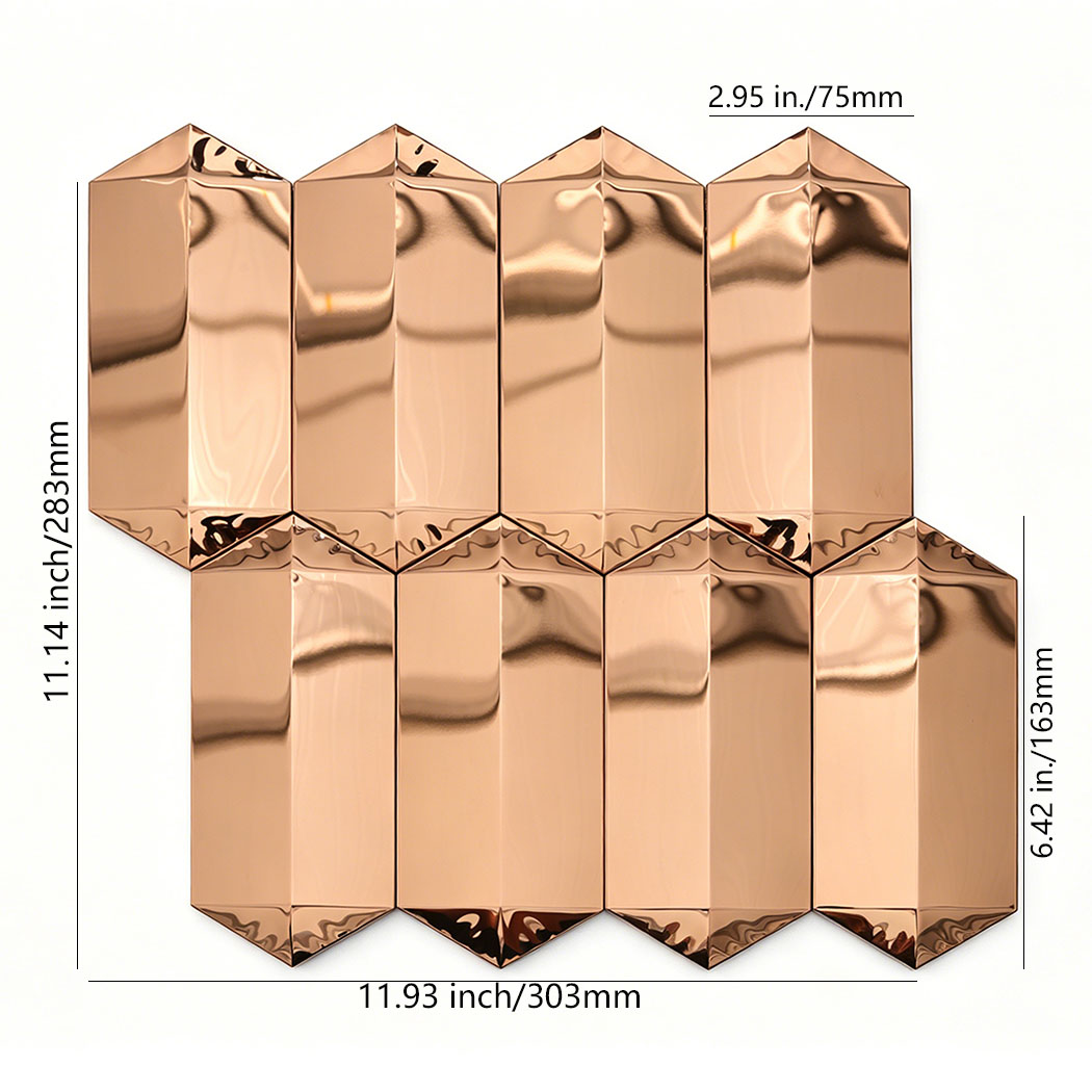 Rose gold mirror picket mosaic tile sheet with size measurements on white background