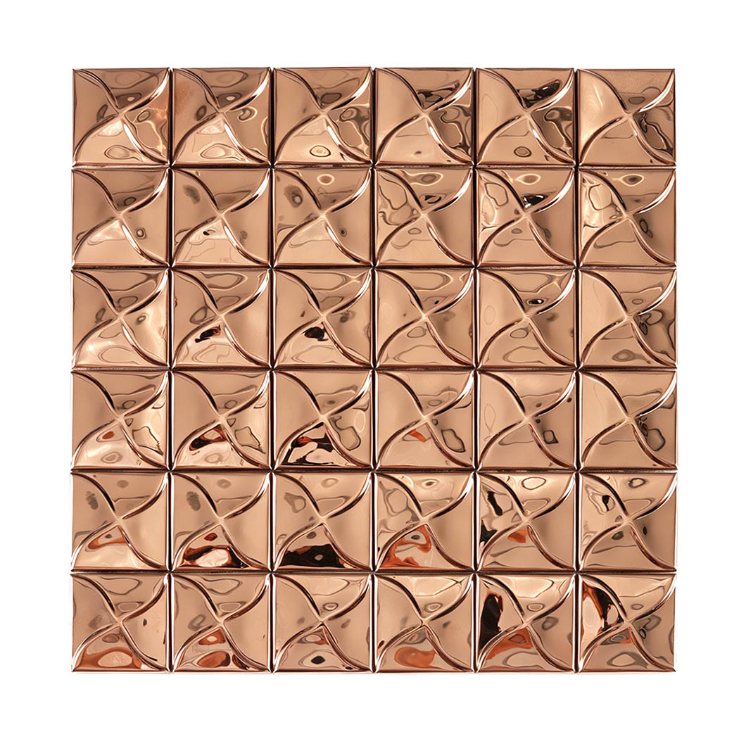 Rose gold mirror square mosaic tile sheet with raised curved 3D pattern