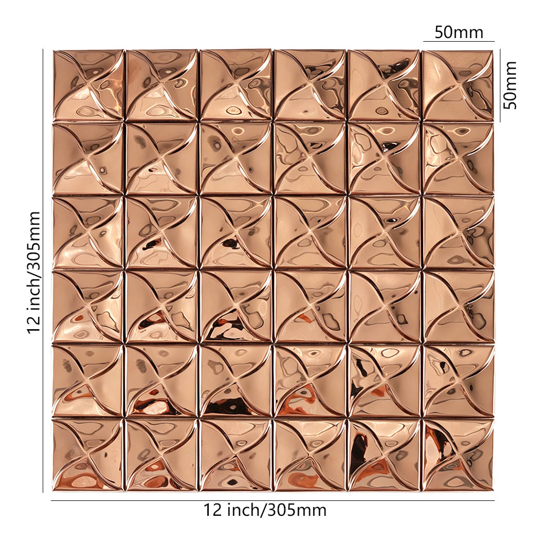 Rose gold mirror square mosaic tile sheet with 50mm size measurements