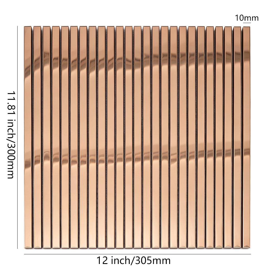 Rose gold mirror stainless steel linear tile with 12 by 11.81 inch dimensions