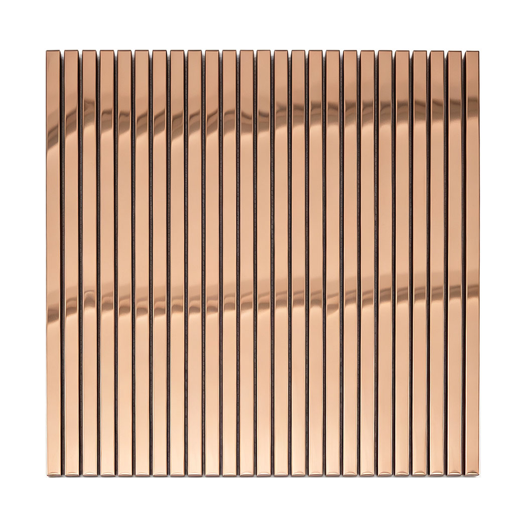 Front view of rose gold mirror stainless steel linear tile sheet