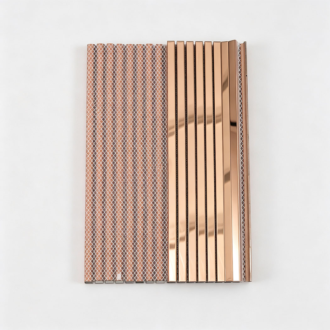 Rose gold mirror stainless steel linear tile sheet with mesh backing