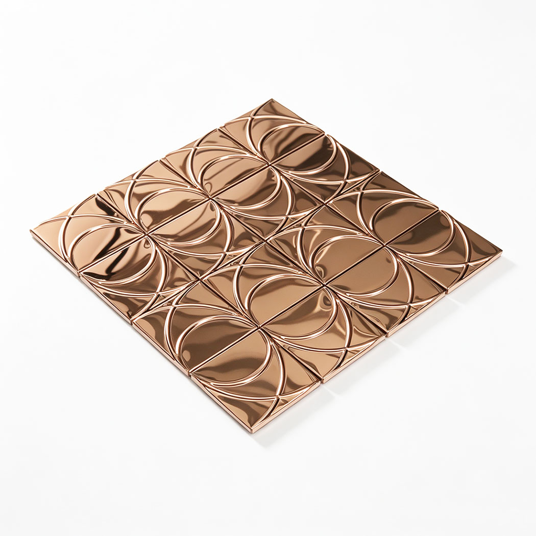 Angled view of rose gold mirror stainless steel square pattern mosaic tile