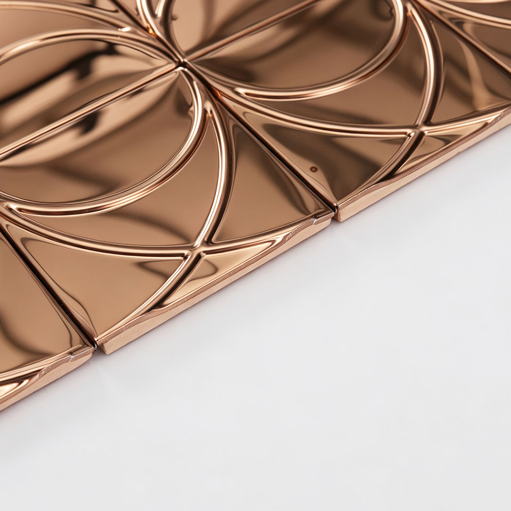 Edge detail of rose gold mirror stainless steel square pattern mosaic tile