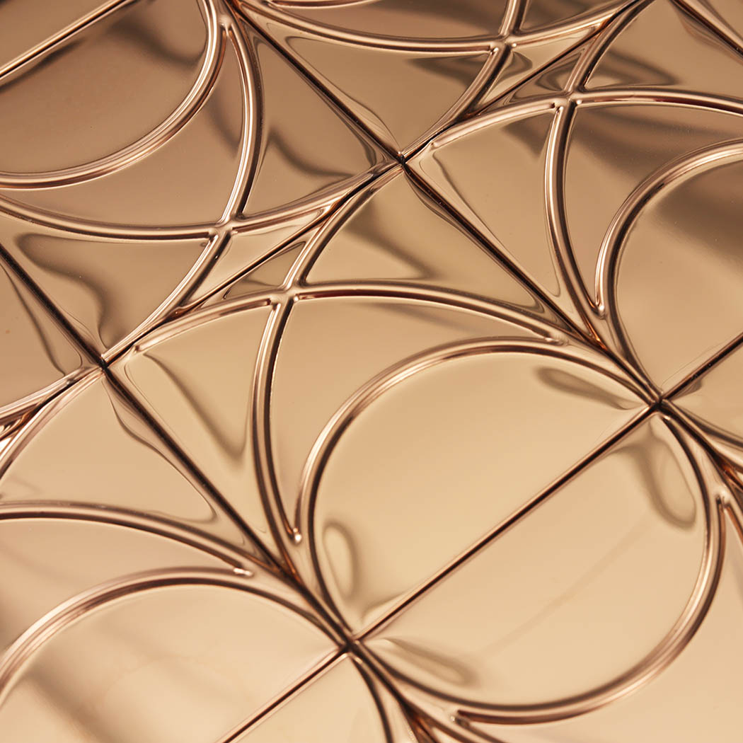 Close-up of rose gold mirror stainless steel square pattern mosaic surface