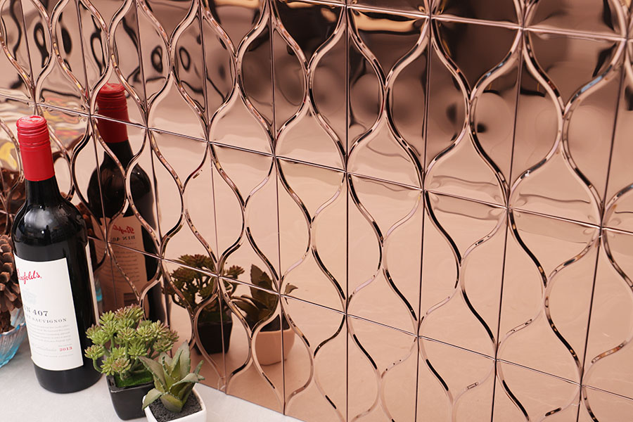 Rose gold mirror metal tiles with raised wave pattern for bar wall decor