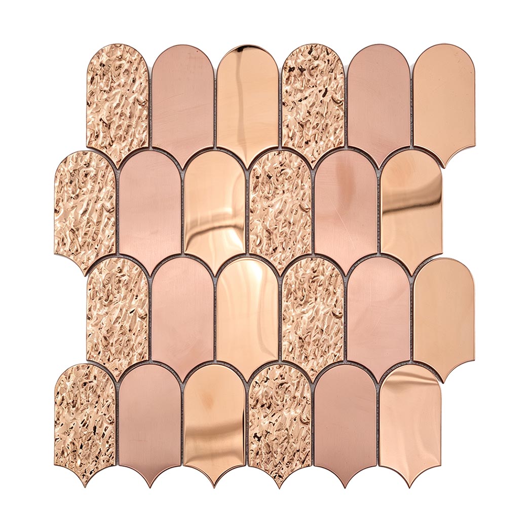 Front view of rose gold mixed finish scallop metal mosaic tile sheet