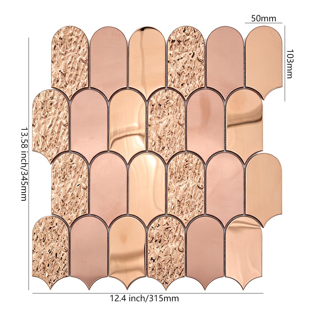 Rose gold mixed finish scallop metal mosaic tile sheet with size details