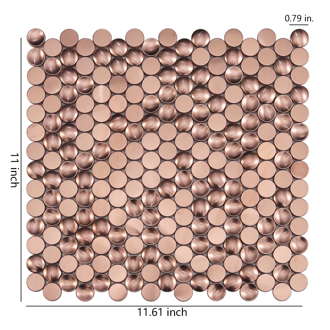 Dimensions of rose gold stainless steel penny round mosaic with concave flat and convex tiles.