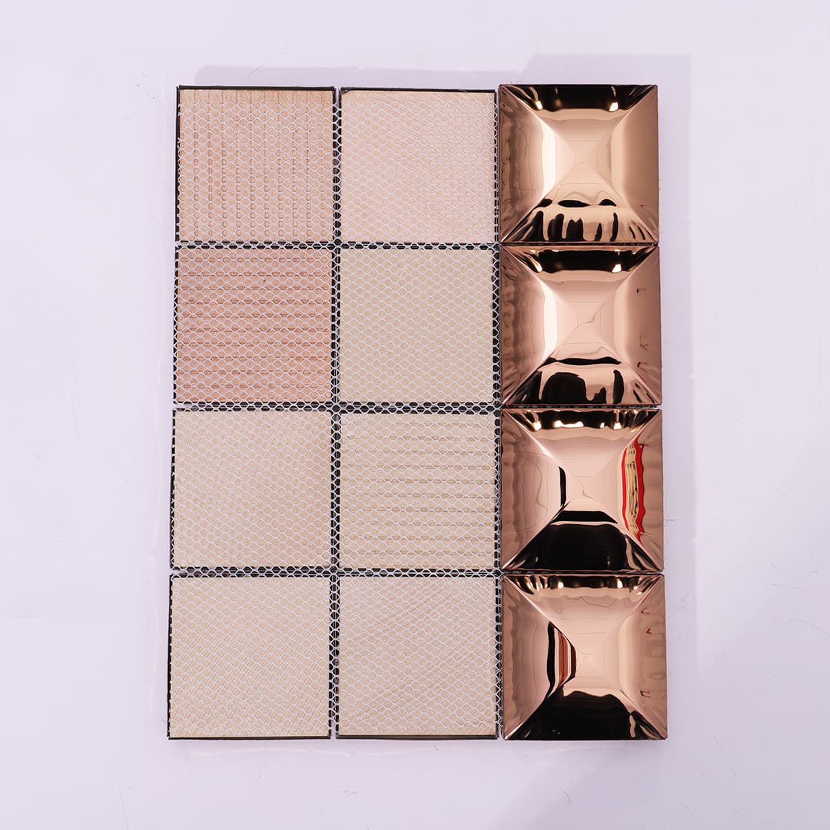Back view of rose gold pyramid 3D metal mosaic sheet