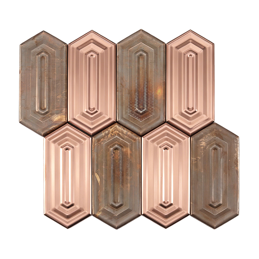 Hexagon mosaic layout tile sheet rose gold stainless steel antique copper mix