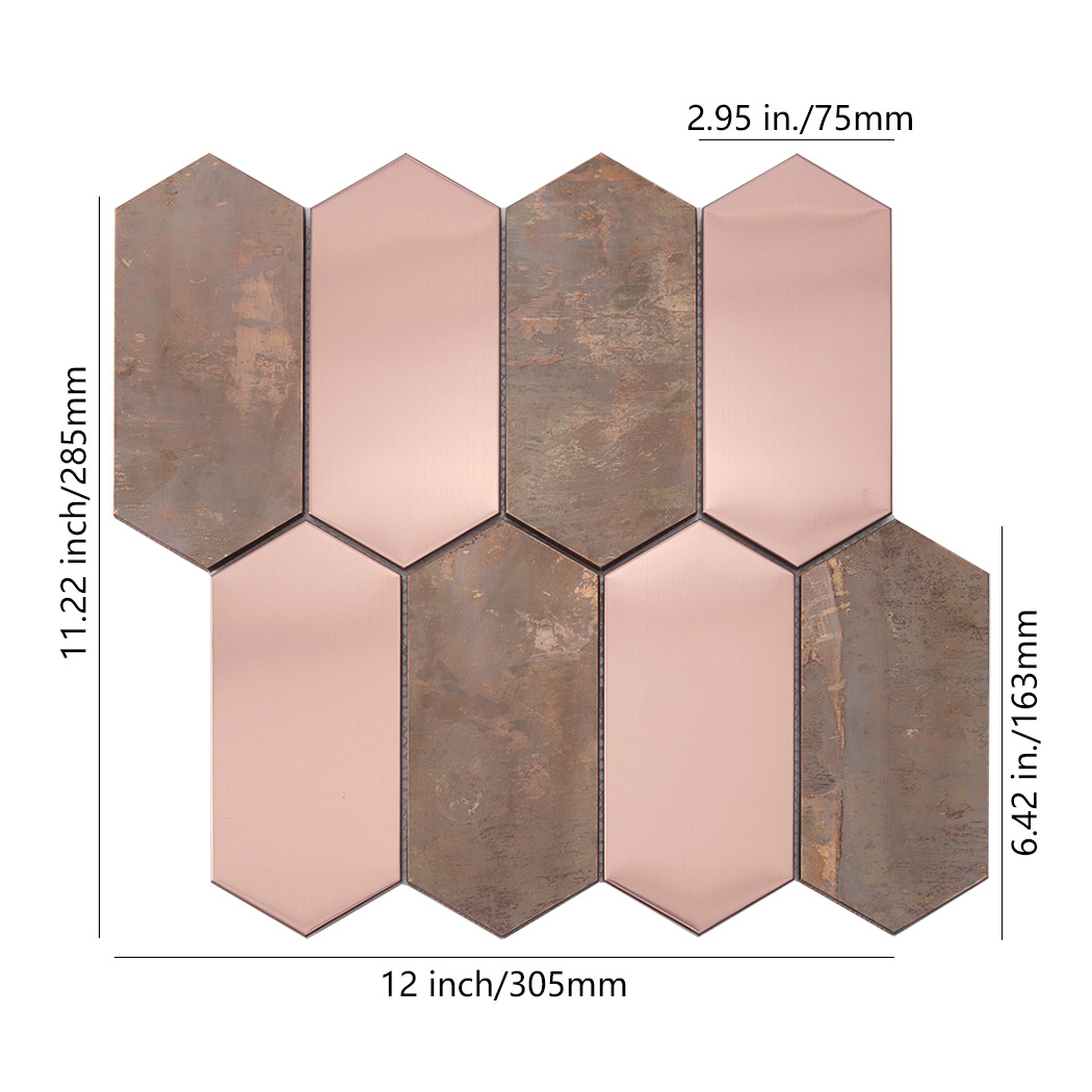 Rose gold stainless steel rust copper hexagon mosaic sheet front view dimensions