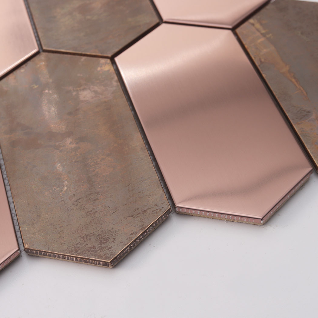 Angled rose gold stainless steel rust copper hexagon mosaic tile