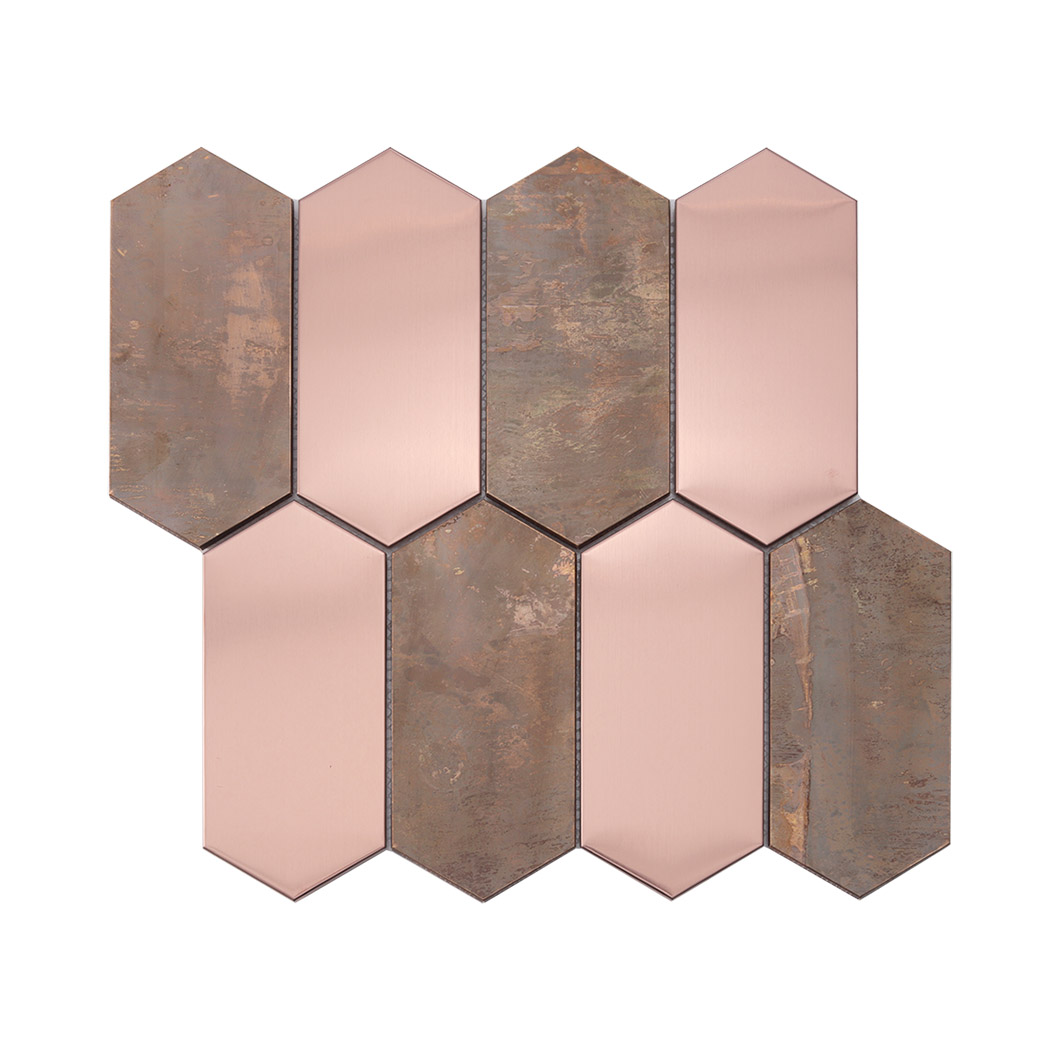 Front display elongated hexagon mosaic rose gold stainless steel rust copper finish
