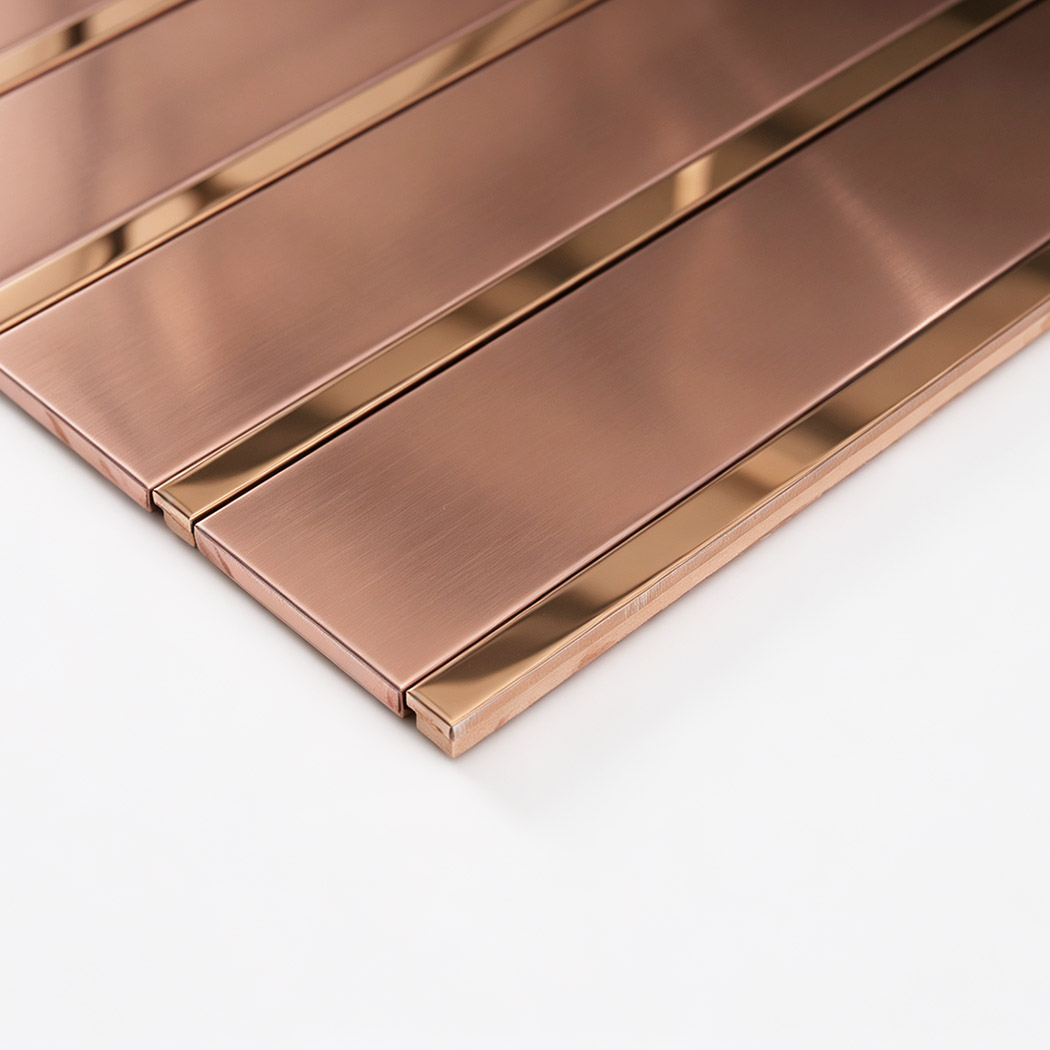 Side profile of rose gold stainless steel striped tile sheet
