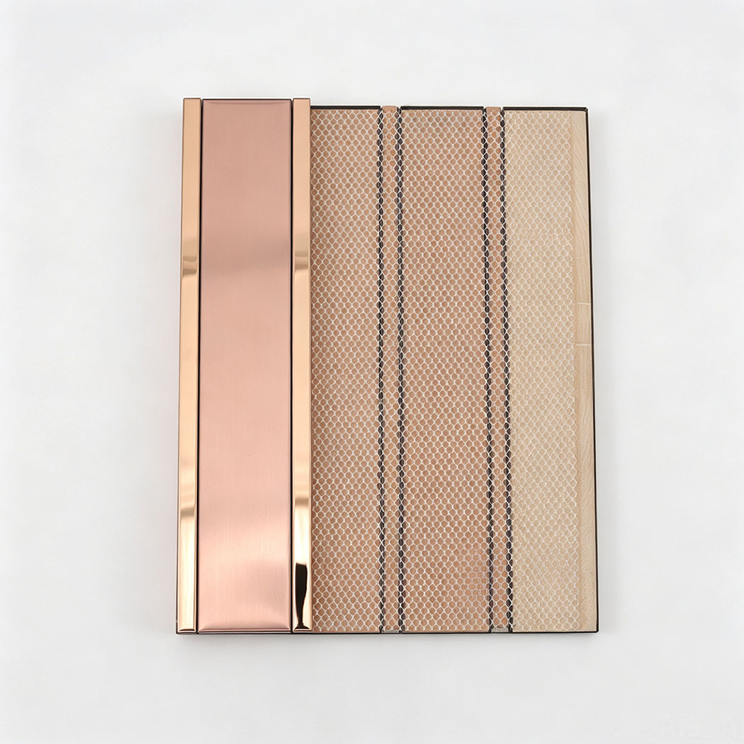 Back view showing mesh backing on a rose gold stainless steel tile sheet