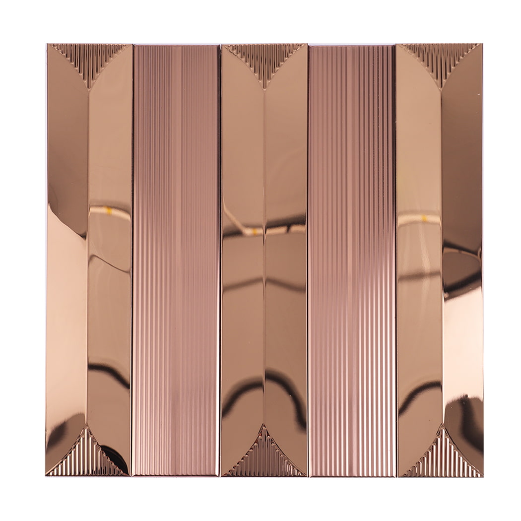 Front view of a rose gold mosaic tile sheet with alternating smooth and ribbed strips.