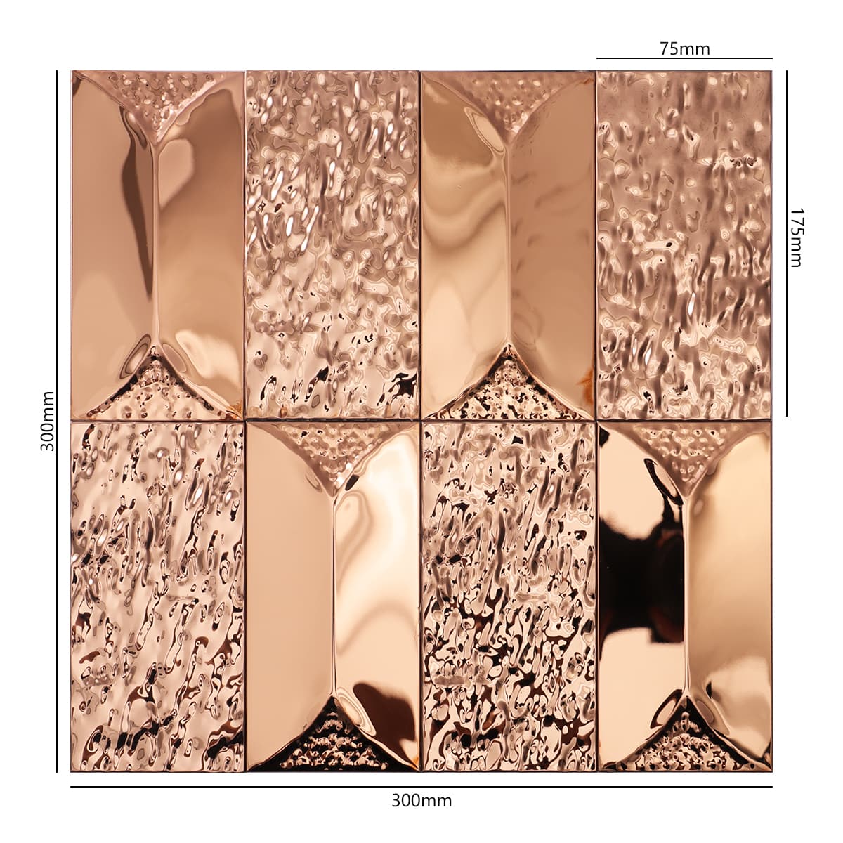 Rose gold 3D stainless steel tile sheet with dimensions