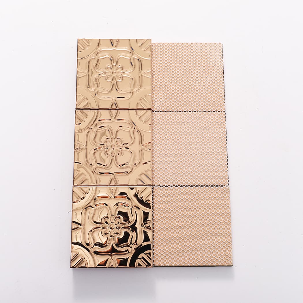 Front pattern and back surface comparison of rose gold embossed tile sheet