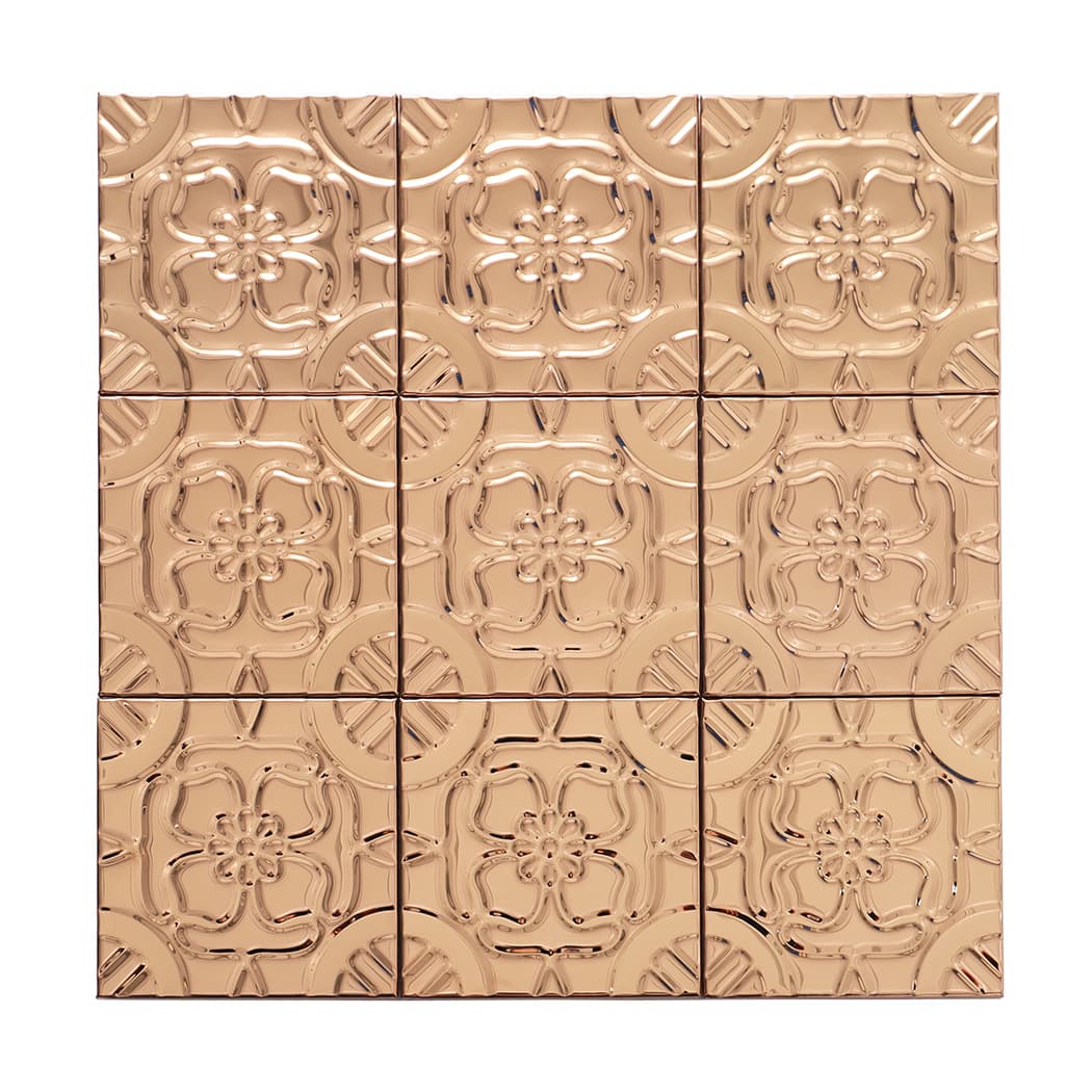 Front view of rose gold embossed floral tile sheet with raised pattern