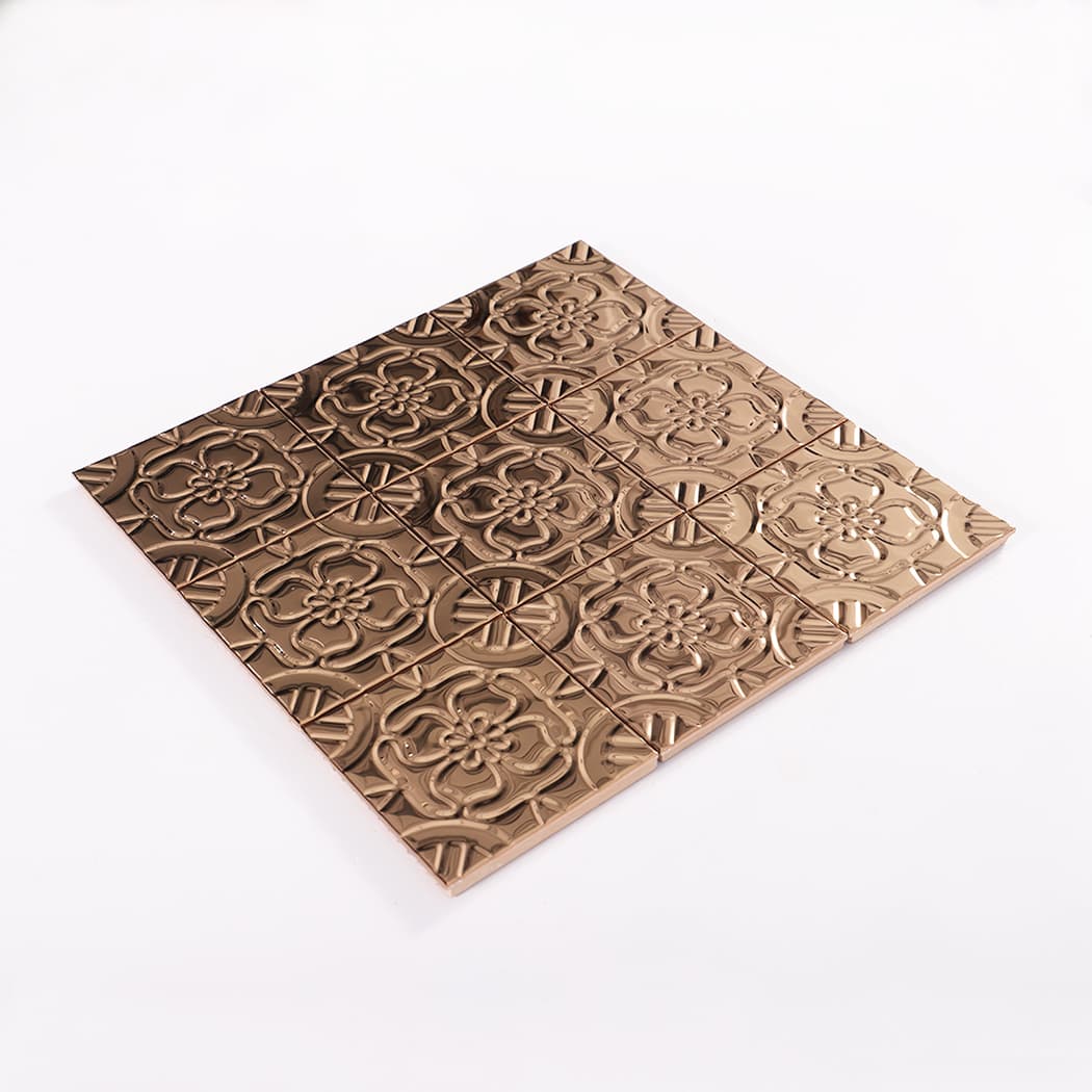Perspective shot of rose gold embossed tile sheet on white background
