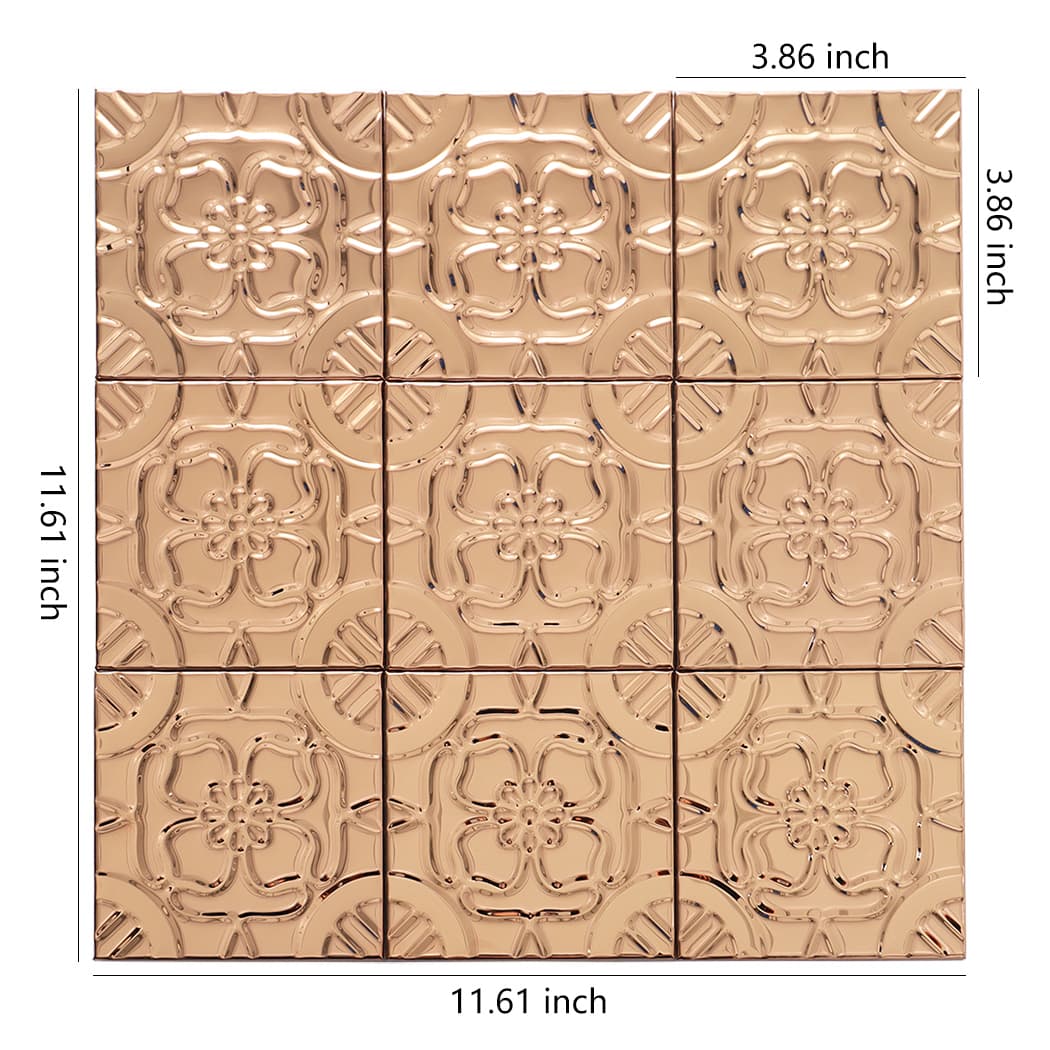 Rose gold embossed floral tile sheet with 3.86 inch squares and overall size labeled