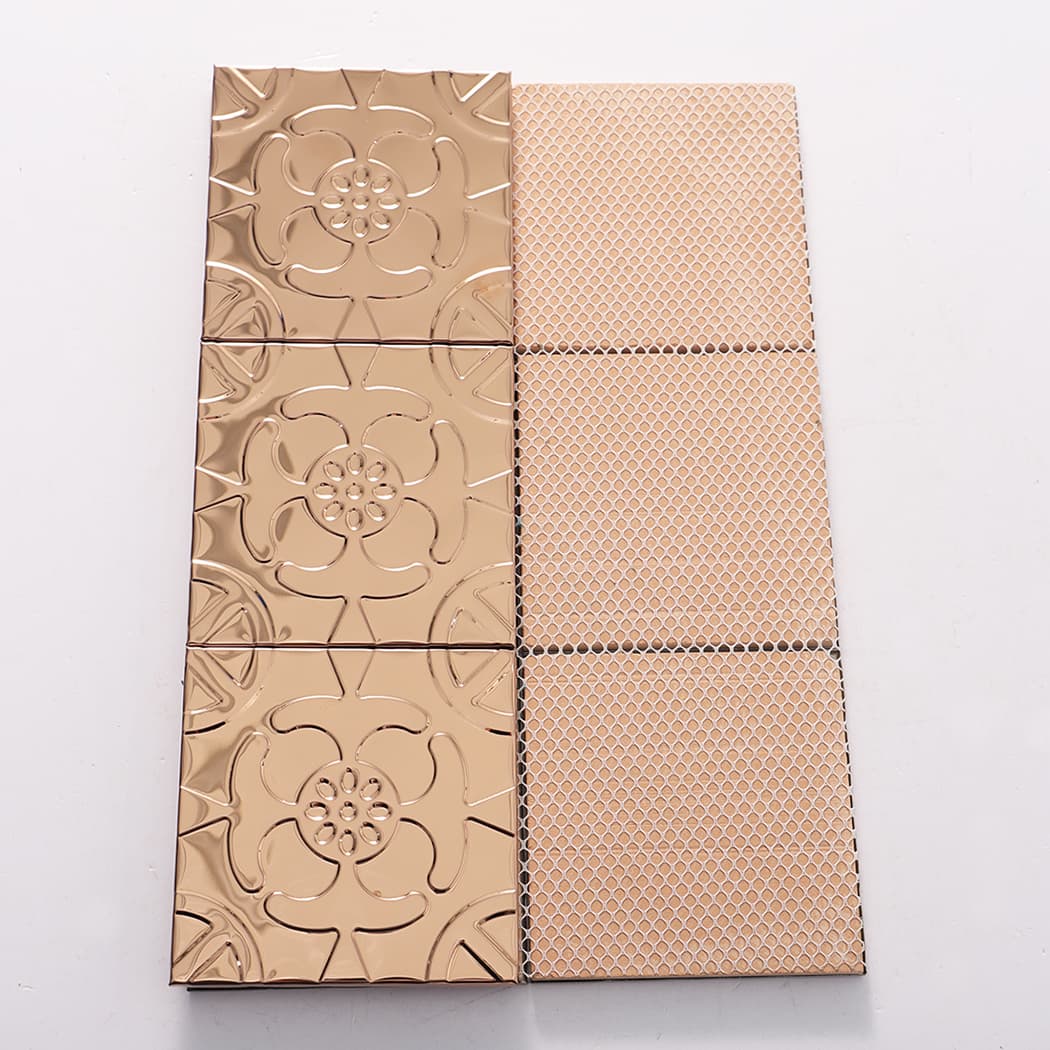 Face versus back view of rose gold embossed tile sheet showing smooth back surface
