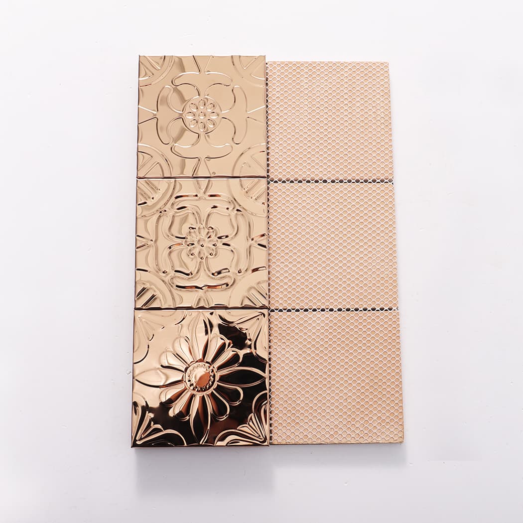 Front and back surface comparison of rose gold embossed metal tile sheet
