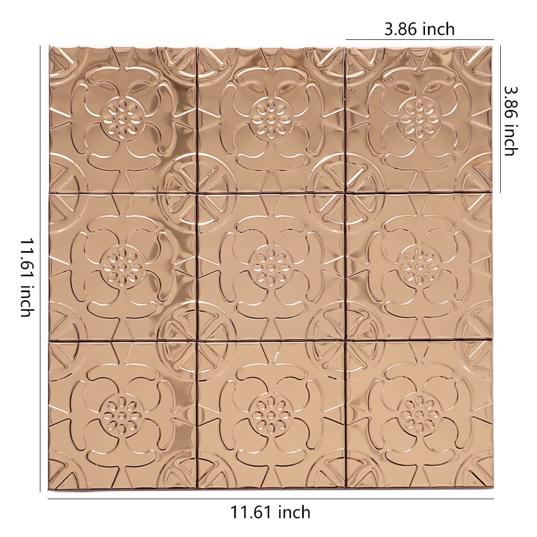 Dimension guide showing 11.61 inch sheet and 3.86 inch tile squares in rose gold