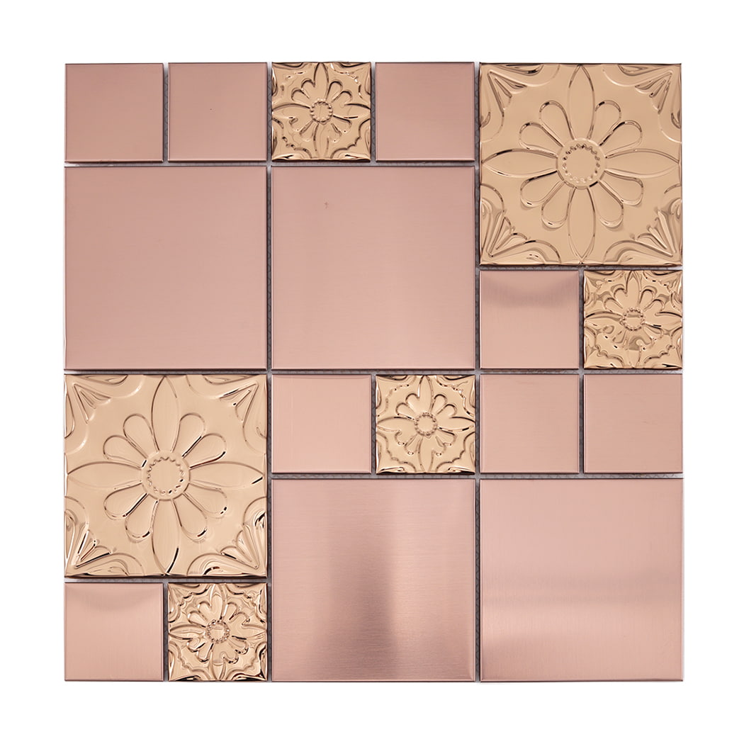 Full sheet view of rose gold metal mosaic tile featuring embossed floral and smooth squares