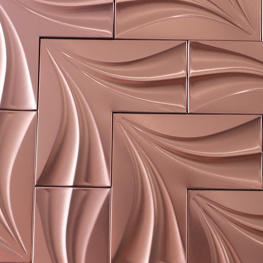 Surface texture of rose gold herringbone stainless steel mosaic tile