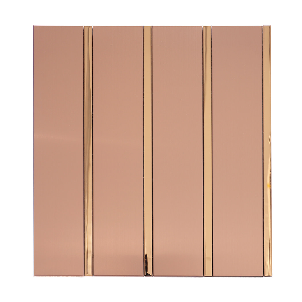 Front view of rose gold metal wall tiles arranged in vertical strips