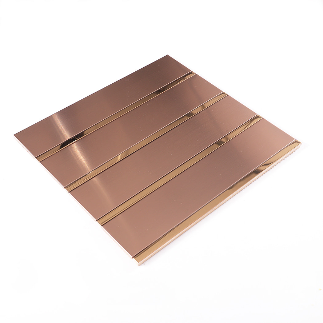 Full sheet of rose gold metal wall tiles displayed on white background