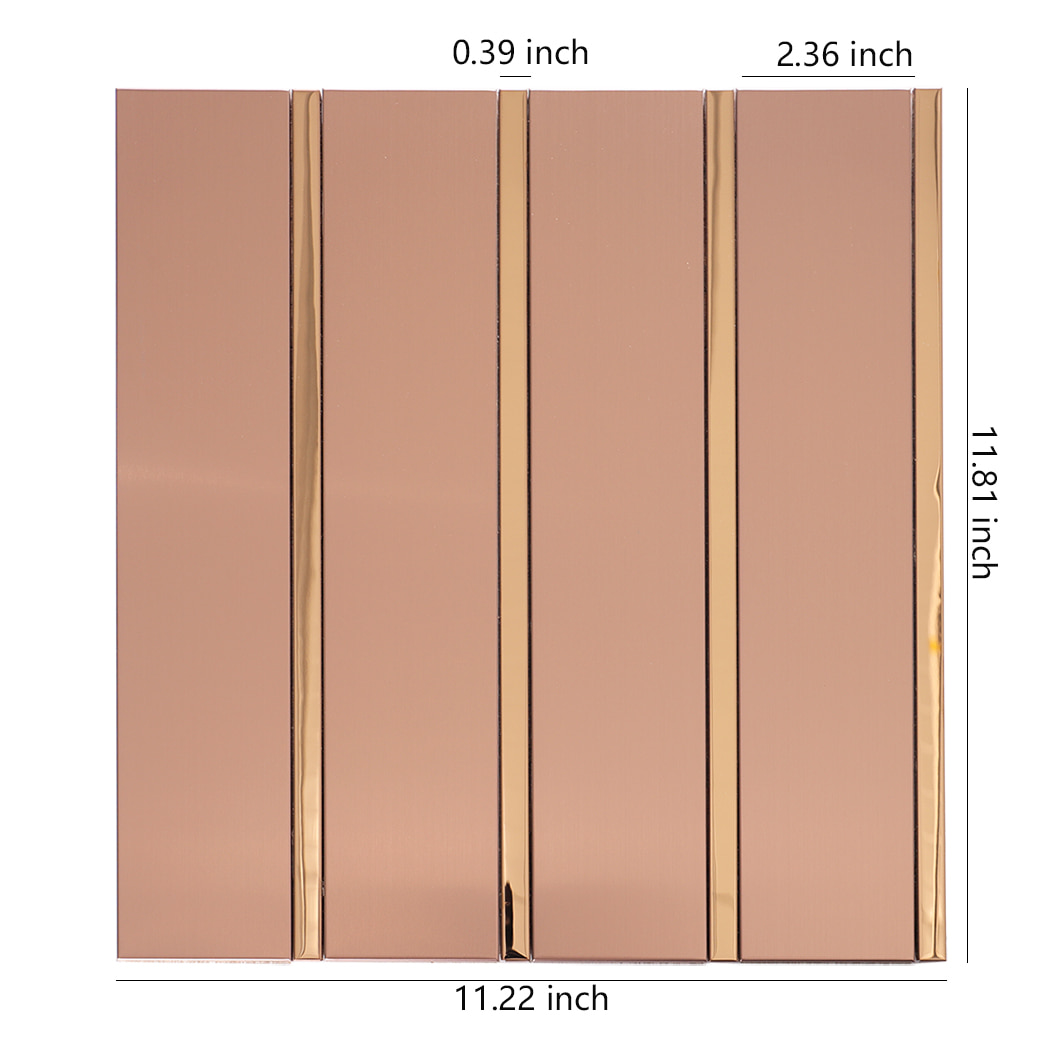 Rose gold metal wall tiles panel with labeled dimensions and measurements
