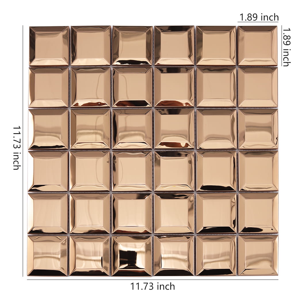 Rose gold mirror beveled stainless steel mosaic tile sheet with size measurements
