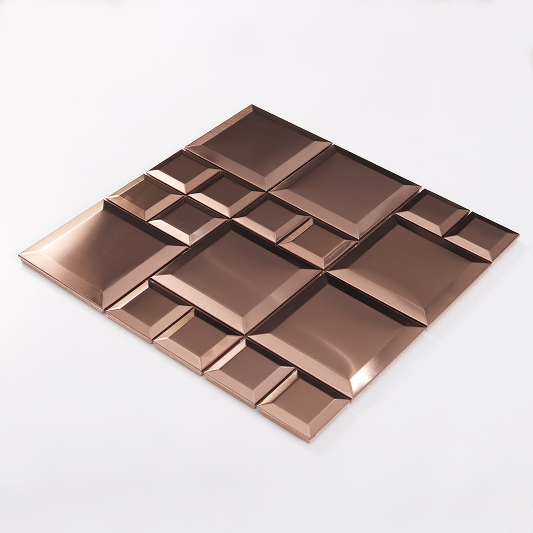 Angled view of rose gold brushed modular stainless steel mosaic tile