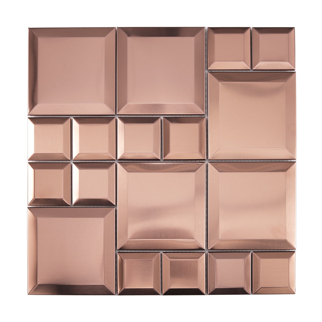Front view of rose gold brushed stainless steel modular mosaic with geometric square pattern