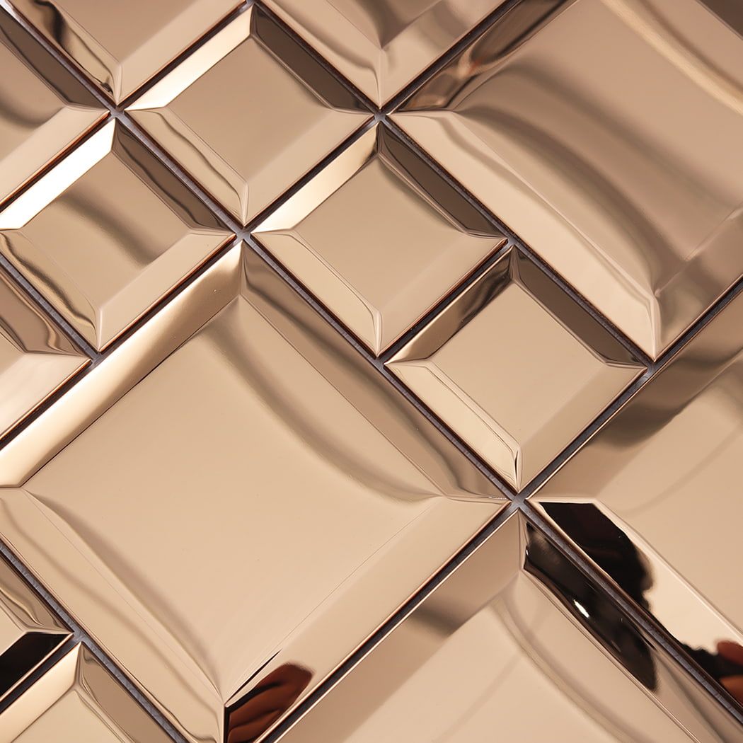 Detailed texture of rose gold mirror stainless steel modular square mosaic tiles