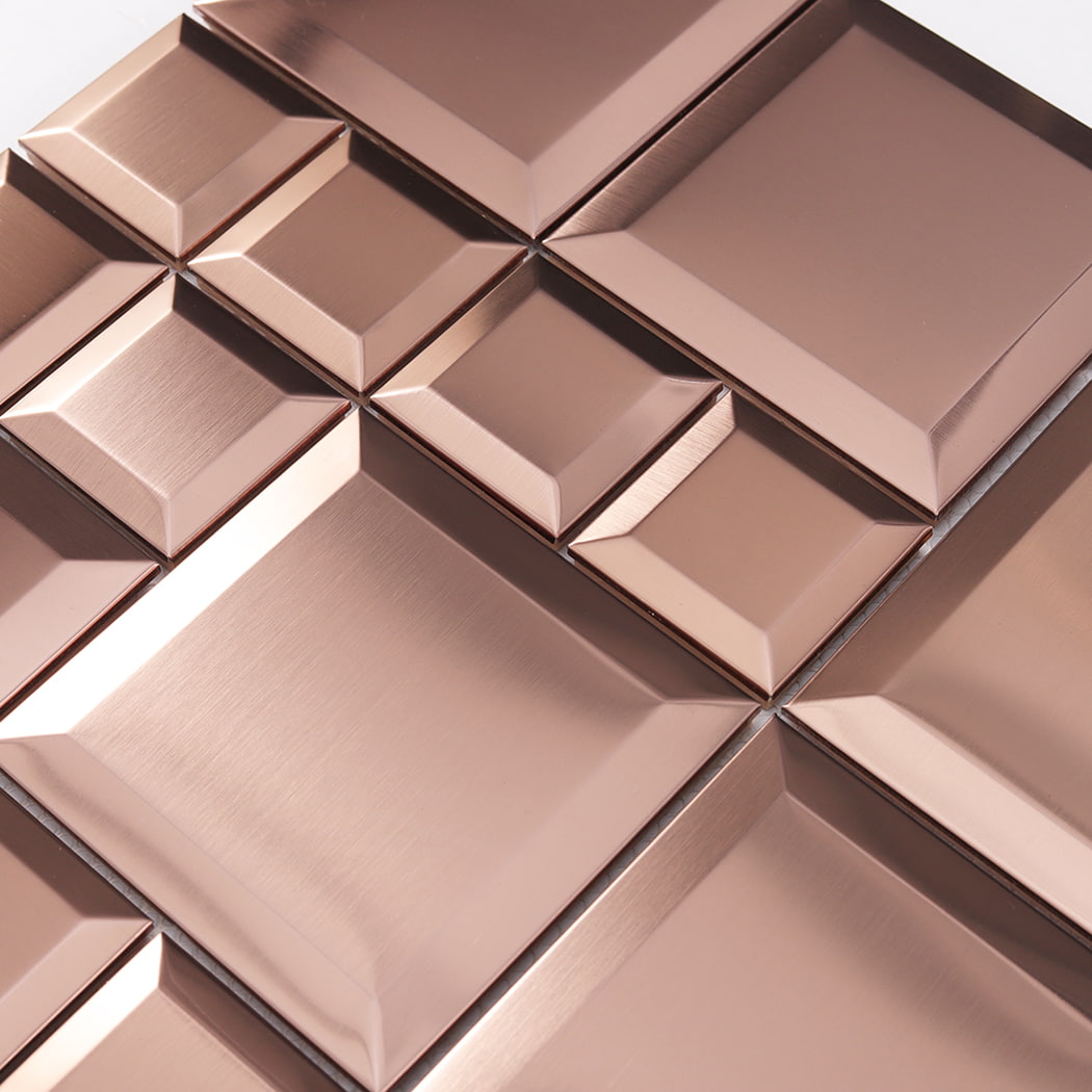 Close up of rose gold brushed stainless steel mosaic showing brushed texture and beveled squares