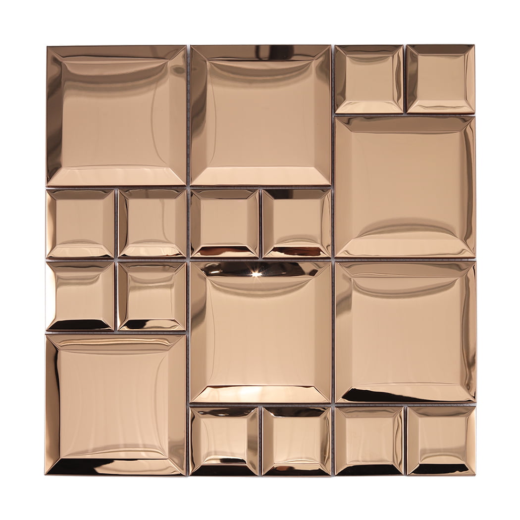 Front view of rose gold stainless steel beveled modular mosaic tile with mirror finish