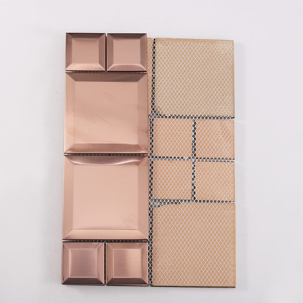 Back mesh view of rose gold brushed stainless steel modular mosaic tile sheet