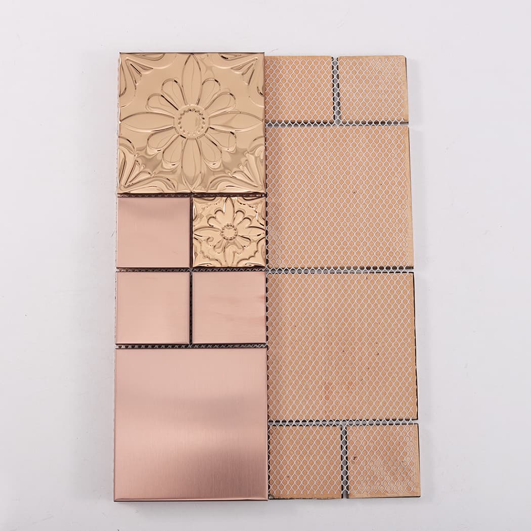 Back view of rose gold stainless steel mosaic tile with mesh backing for wall installation