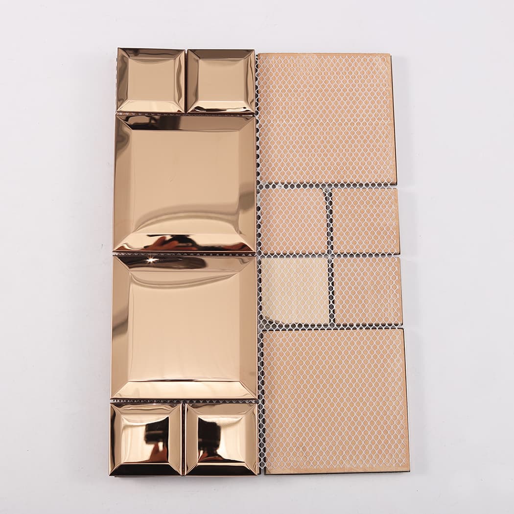 Back view of rose gold stainless steel mosaic tile with mesh backing structure
