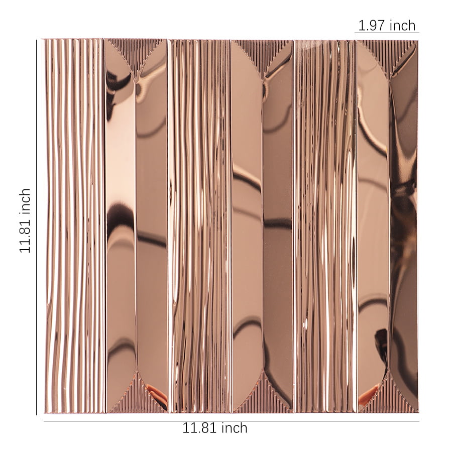 Rose gold vertical striped metal mosaic tile with size dimensions labeled.