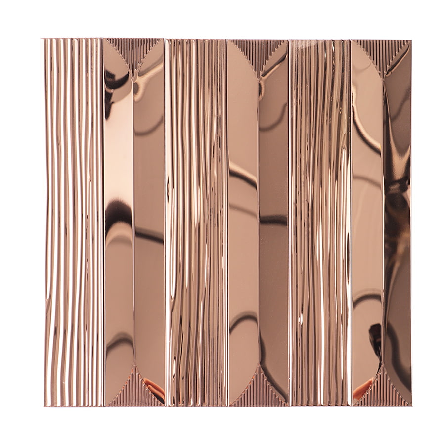 Front view of rose gold vertical striped metal mosaic tile with glossy finish.