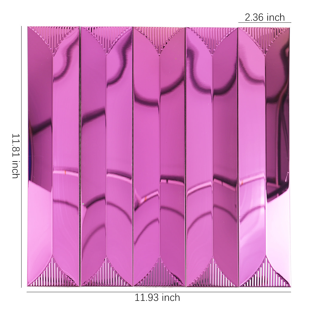 Rose pink metal tile with glossy surface showing 11.81x11.93 inch size