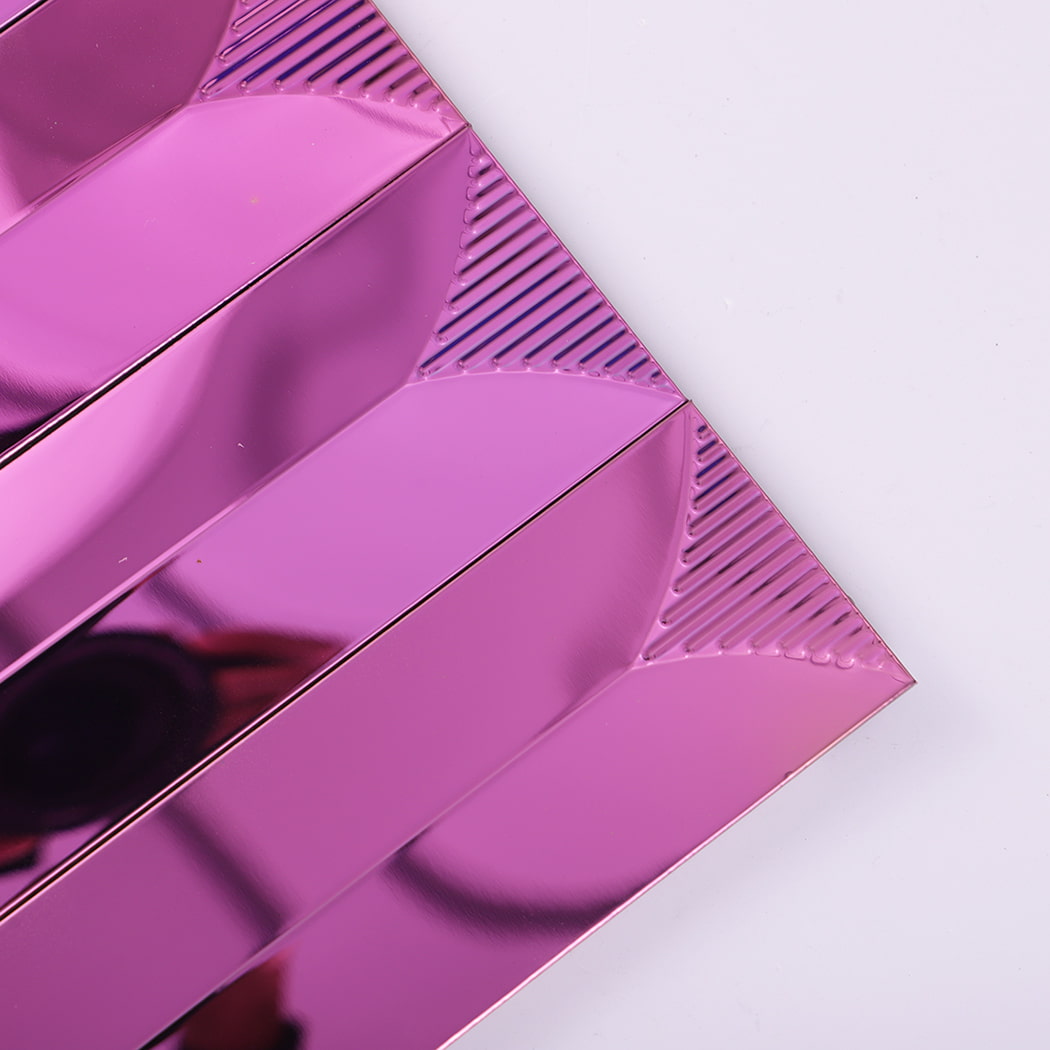 Close-up of corner showing rose pink wall tile reflection and texture