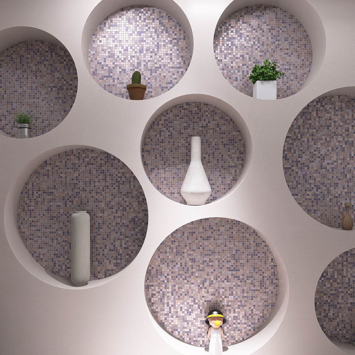 Round shelf niches accented with purple beige mosaic tile inlay